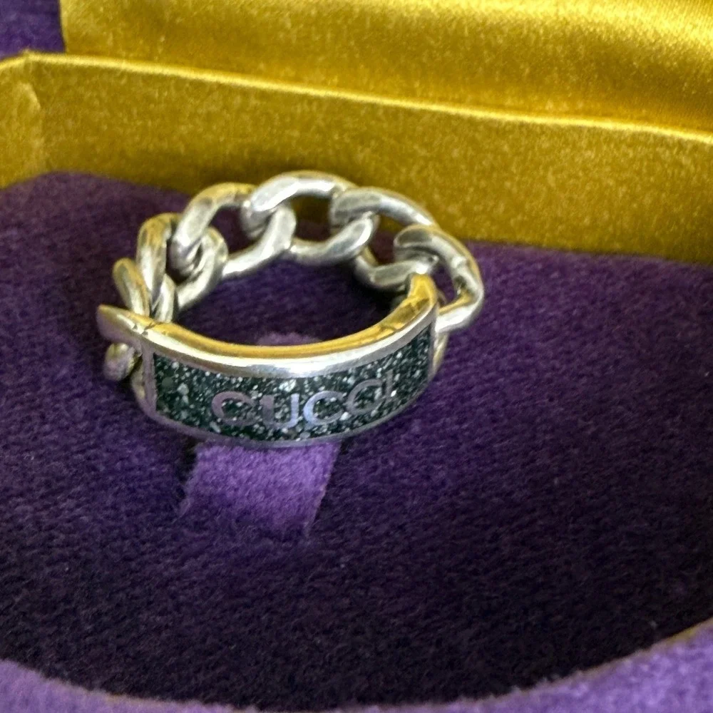 Gucci 678711 Unisex Sterling‎ Silver Chain Ring with Black plaque, SZ 18